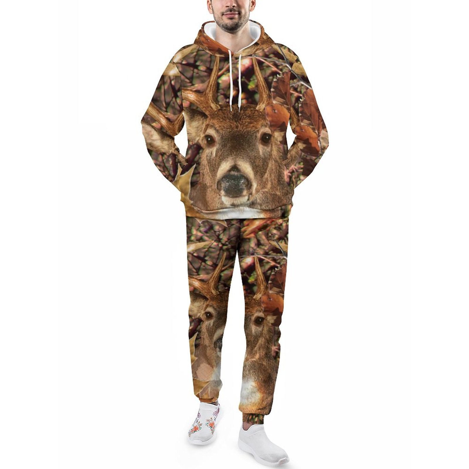 White Tail Deer Head Fall Energy Spirited On A Men's Tracksuit 2 Piece Hoodie Sweatsuit Sets Casual Jogging Athletic Suits