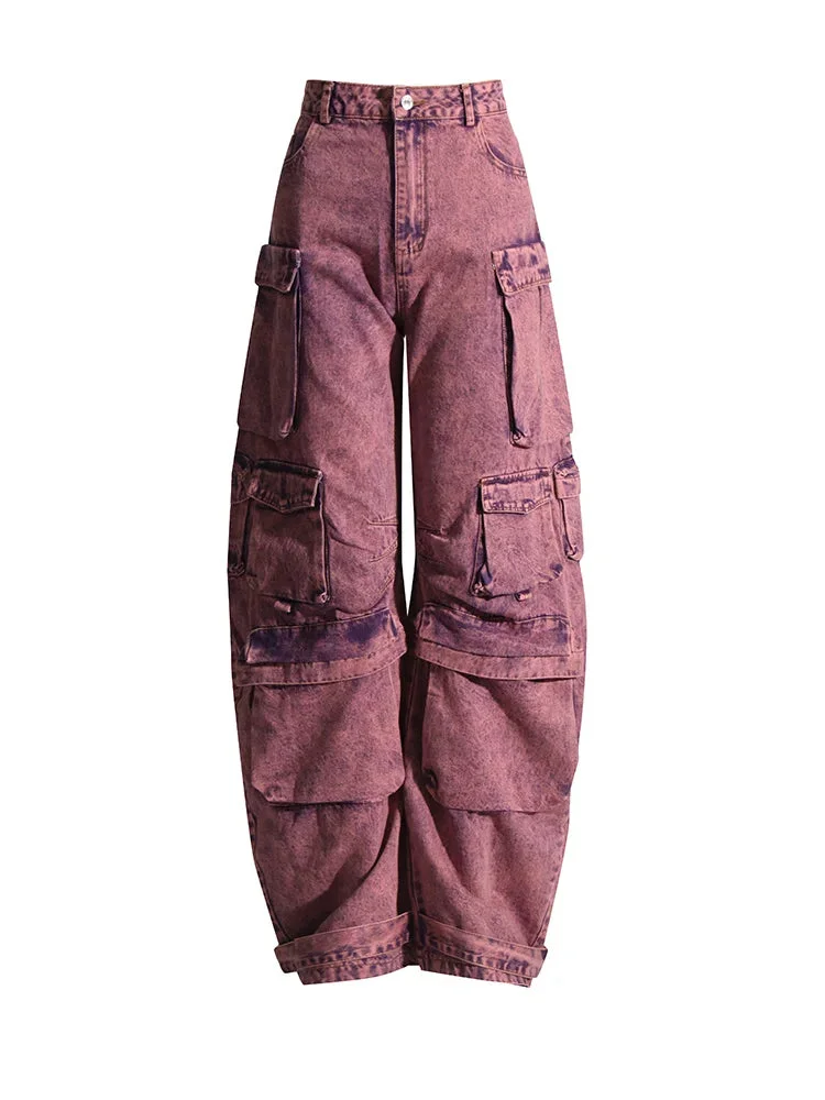 Huibahe Women's Jeans High Waist Multiple Pockets Design Purple Loose Straight Wide Leg Denim Pants 2024 Summer New Fashion 29L3222