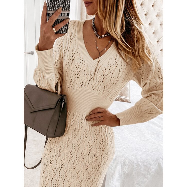 Casual Long Sleeve V Neck Knit Sweater Dress