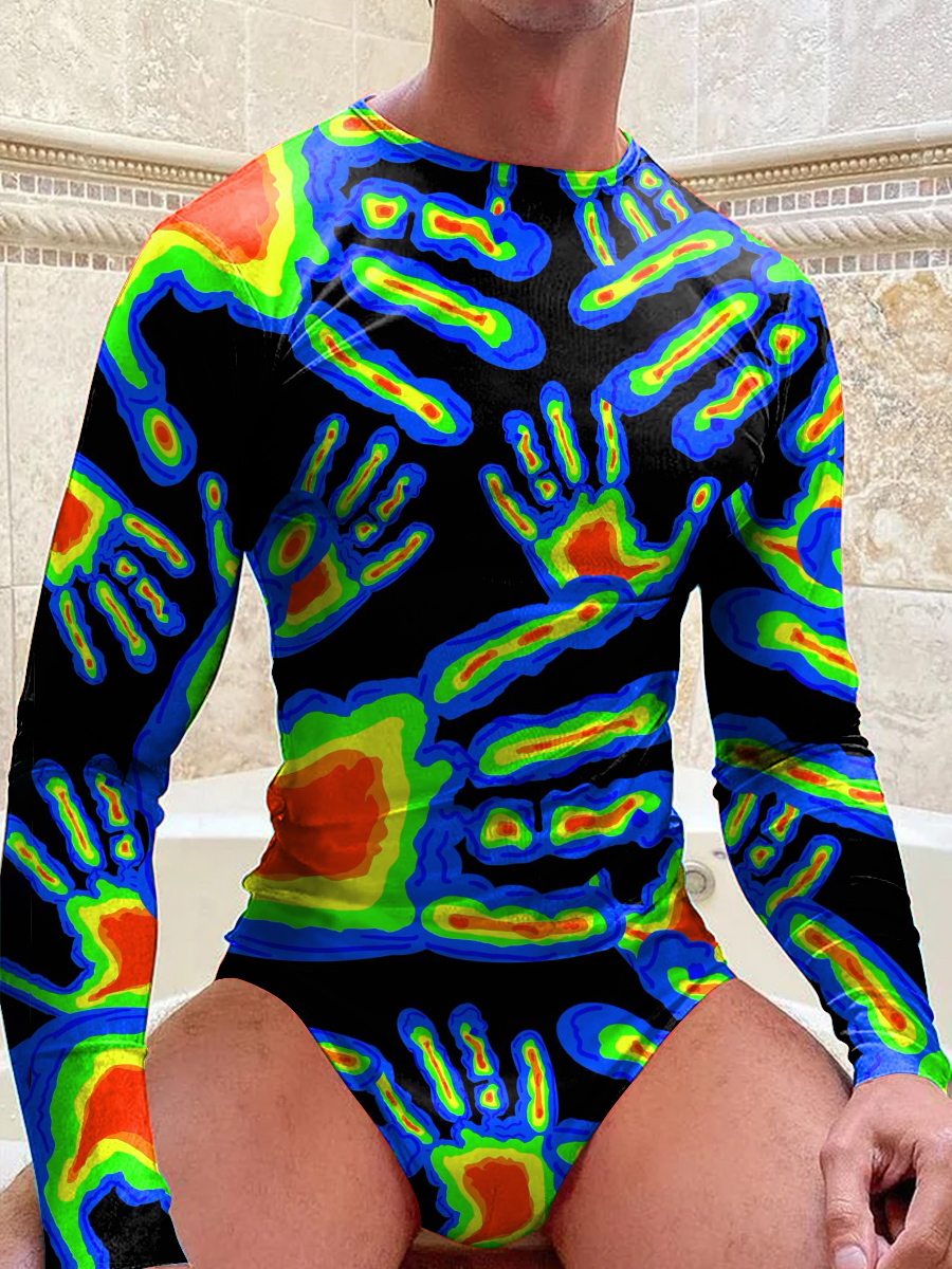 Men's LGBT Gay Pride Rainbow Hands Print Casual Round Neck Long Sleeve Jumpsuit