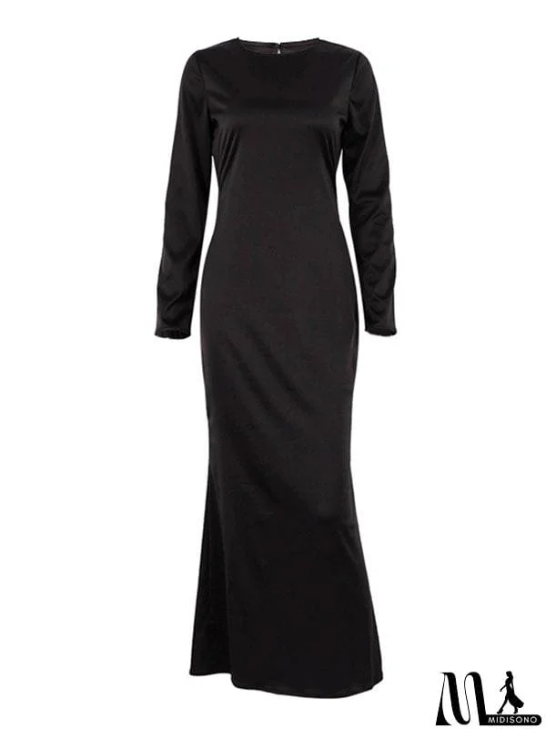 MidiSono - Casual Loose Long Sleeves Solid Color Round-Neck Maxi Dresses