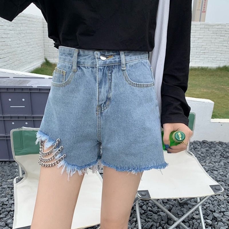FTLZZ New Summer Women High Waist Chains Blue Denim Shorts Streetwear Female Loose Asymmetrical Tassel Ladies Jeans Shorts