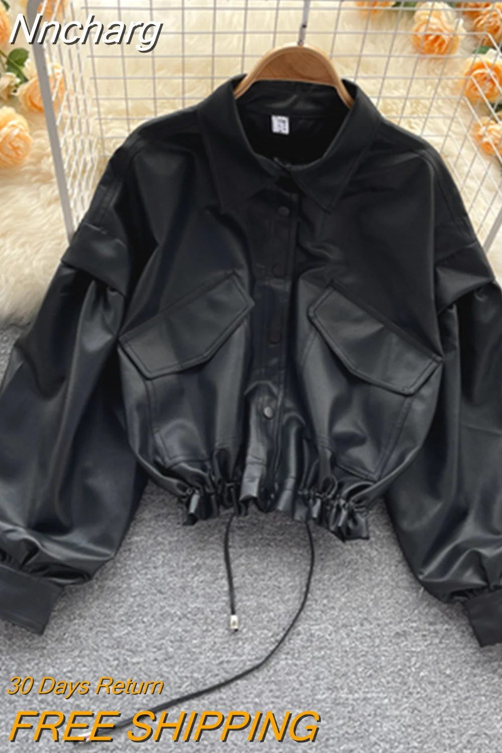 Nncharge New Spring Autumn Women Streetwear Single Breasted Motorcycle Pu Coat Lady Fashion Loose Drawstring Faux Leather Jacket