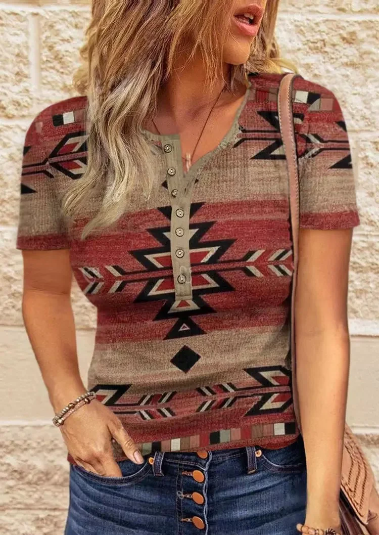 Aztec Geometric Button Short Sleeve Blouse