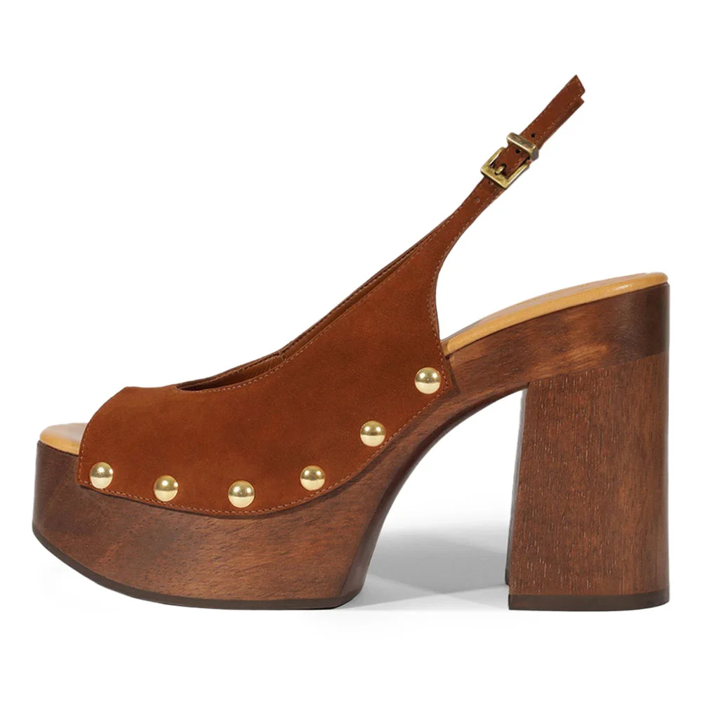 Brown Studded Block Heel Slingback Platform Sandals for Women