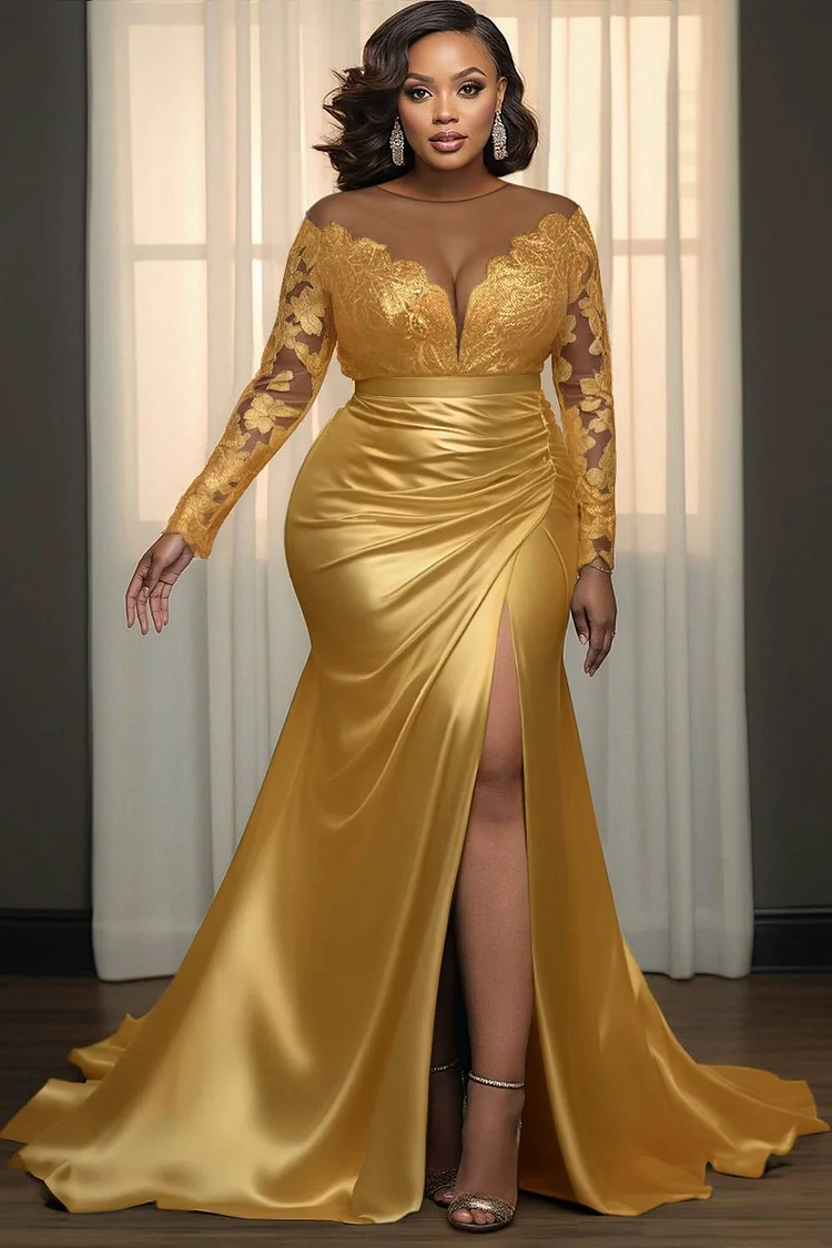 Xpluswear Design Plus Size Formal Lace Gold Turndown Collar Long Sleeve Split Elegant See Through Satin Maxi Dresses [Pre-Order]