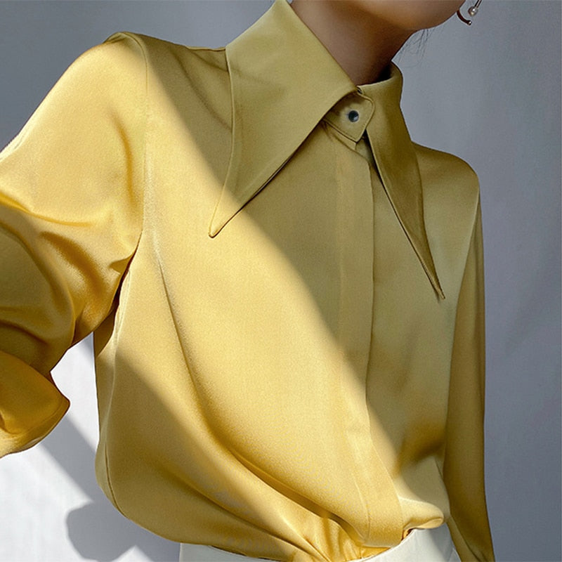 LANFUBEISI Autumn Vintage Satin Silk Women Shirt Elegant Turn Down Collar Woman Blouse White Long Sleeve Ladies Shirts Tops Blusas 16946 LANFUBEISI