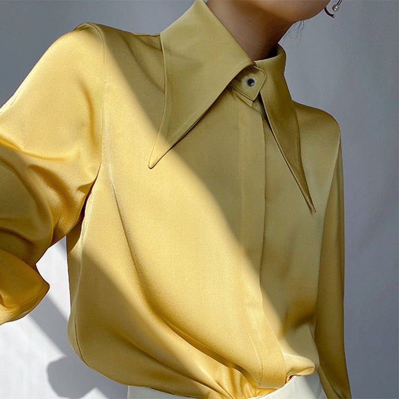 Autumn Vintage Satin Silk Women Shirt Elegant Turn Down Collar Woman Blouse White Long Sleeve Ladies Shirts Tops Blusas 16946