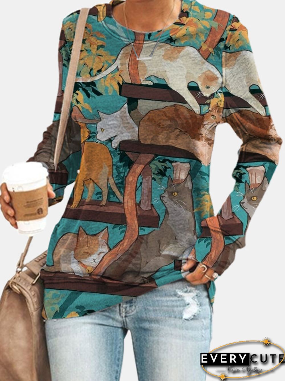 Cartoon Cat Print O-neck Long Sleeve Sweatshirt For Women
