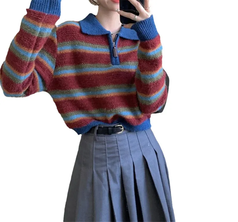 Churchf Churchf New Version Of 2023 Korean Version Collision Color Stripe Polo Collar Sweater Fashion Loose Lazy Wind Pullover Sweater Woman