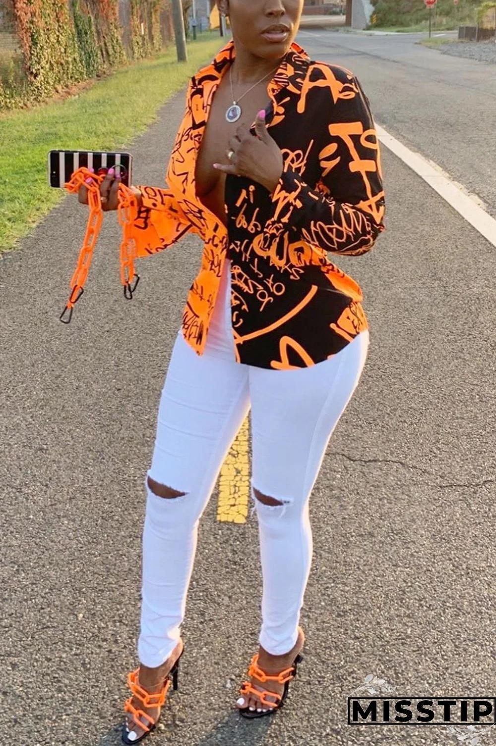 Yellow Sexy Graffiti Print Long Sleeve V-Neck Shirt