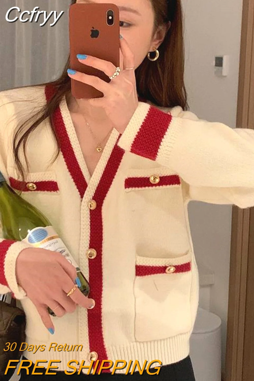 huibahe Autumn Elegant Vintage Women Cardigan Sweater Korean Chic Contrast Color Ladies Knitwear Tops Long Sleeve V-neck Jumper 2023