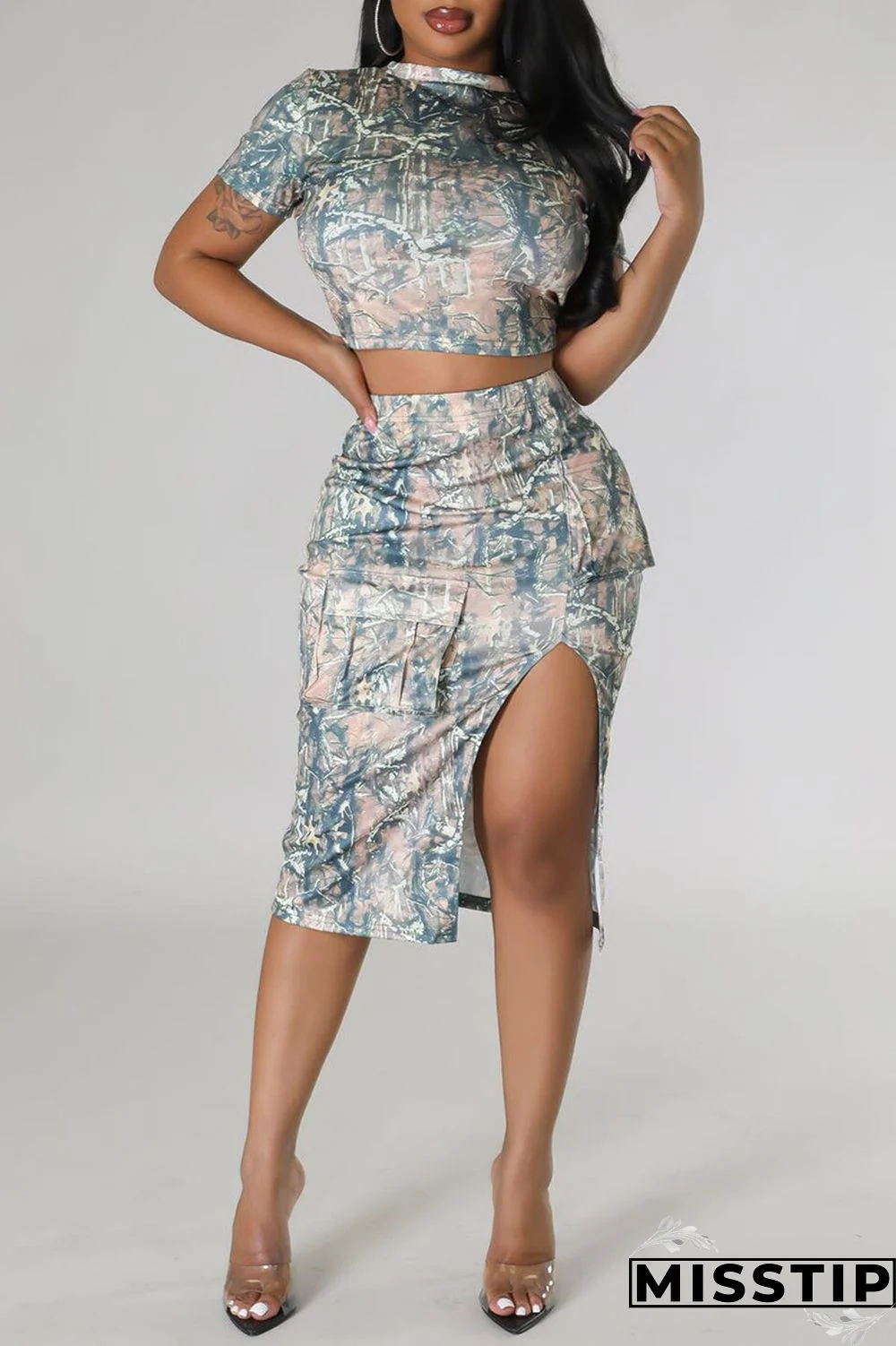 Coffee Casual Print Patchwork Slit O Neck Short Sleeve Two Pieces