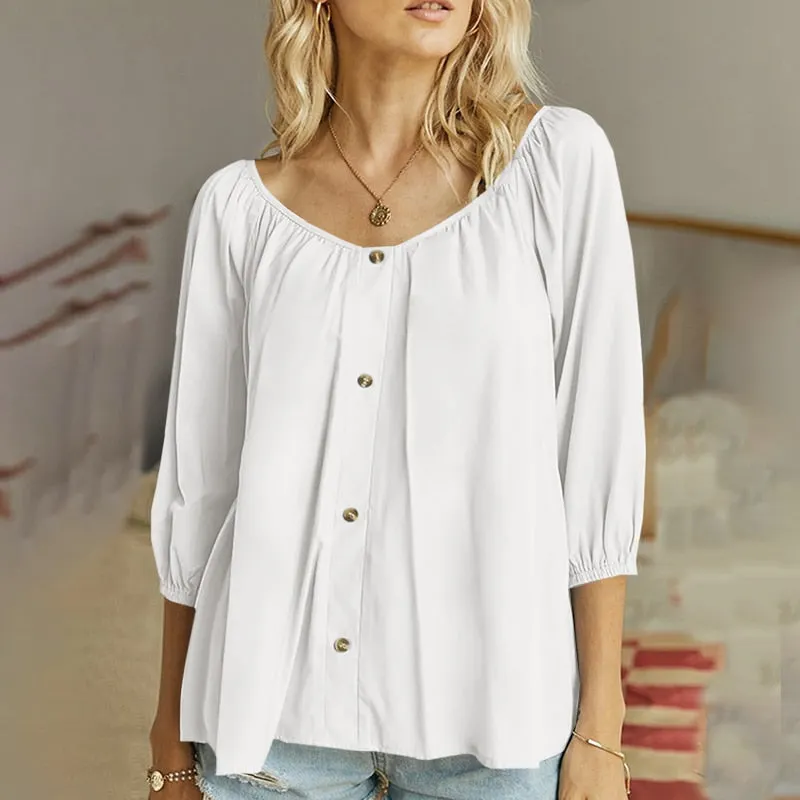 Fashion Women White Blouses 2022 Celmia Folds Buttons Tunic Summer Casual O-neck Tops Elegant 3/4 Puff Sleeve Shirt Blusas Femme