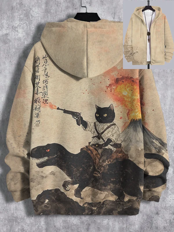 Men's Retro Calligraphy Cat Dinosaur Volcanic Eruption Print Hooded Zip Up Jacket