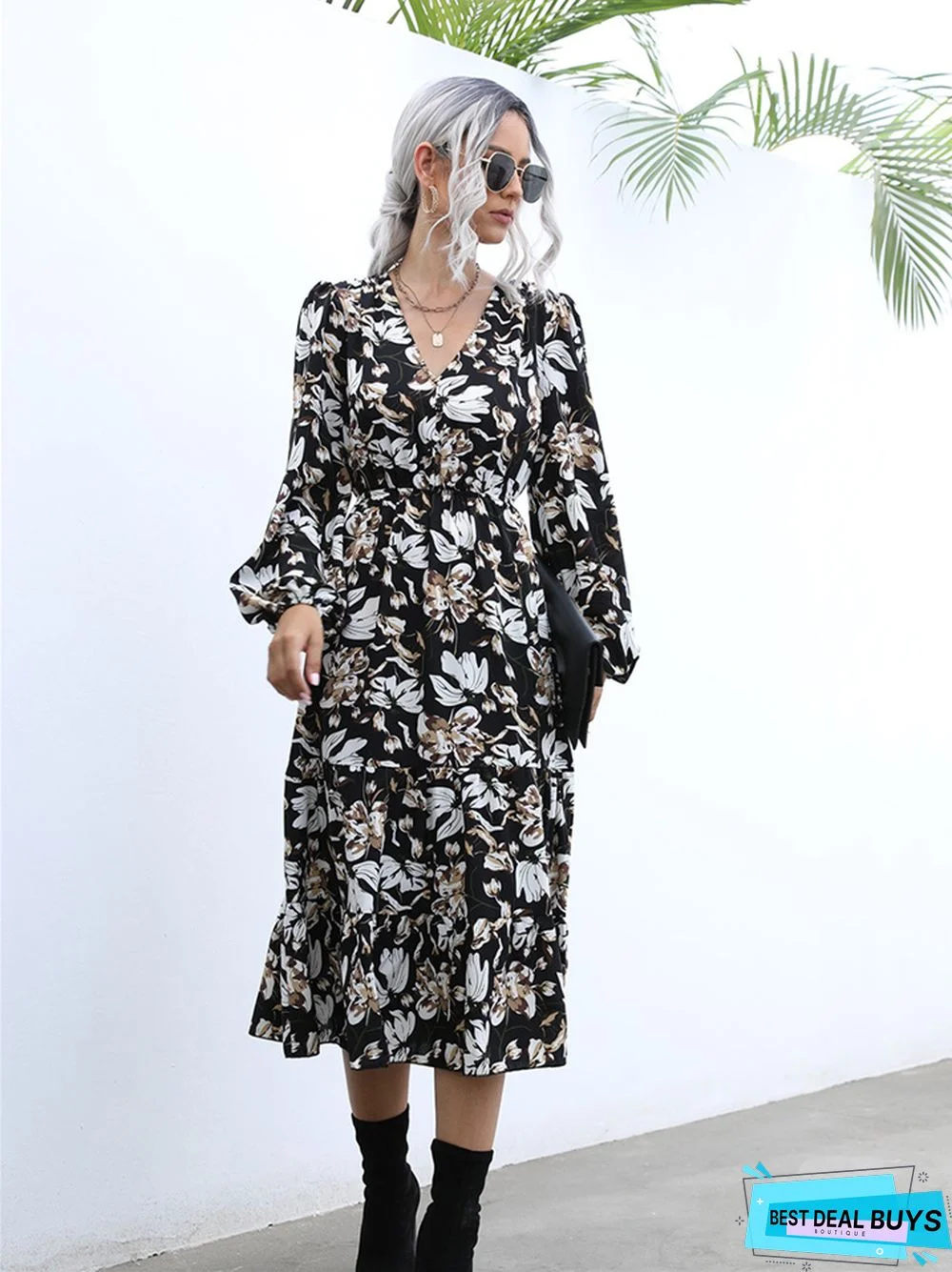 V-Neck Bubble Sleeve Printed Women's Long Sleeve Big Hem Medium Long Dress