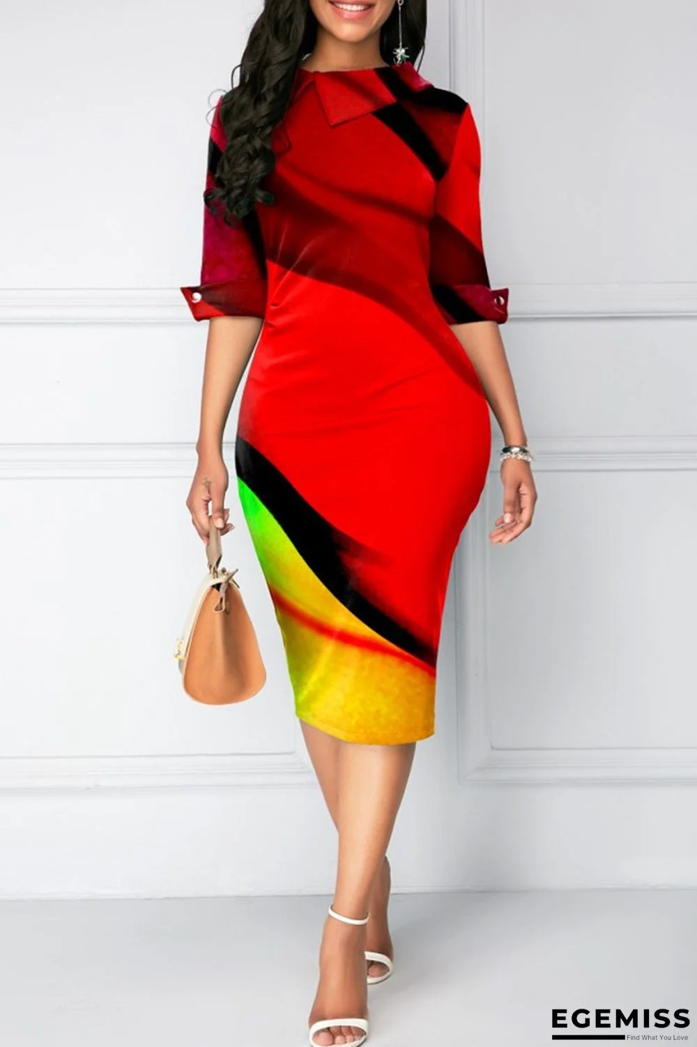 Red Fashion Casual Print Patchwork Turndown Collar Pencil Skirt Dresses | EGEMISS