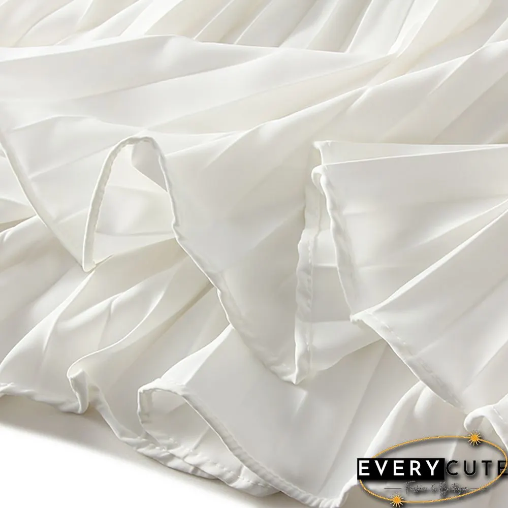 White Elastic Waist A-line Pleated Maxi Skirt