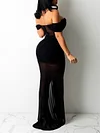 Off-The-Shoulder Solid Color Mesh Backless Split-Side Maxi Dress