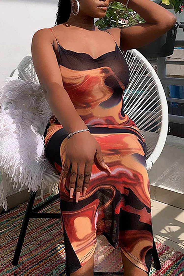 Colour Sexy Print Split Joint Spaghetti Strap One Step Skirt Dresses