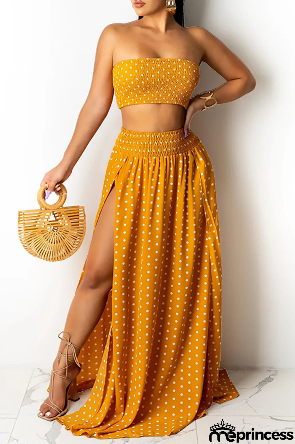 Blue Fashion Sexy Dot Print Backless Slit Strapless Sleeveless Two Pieces