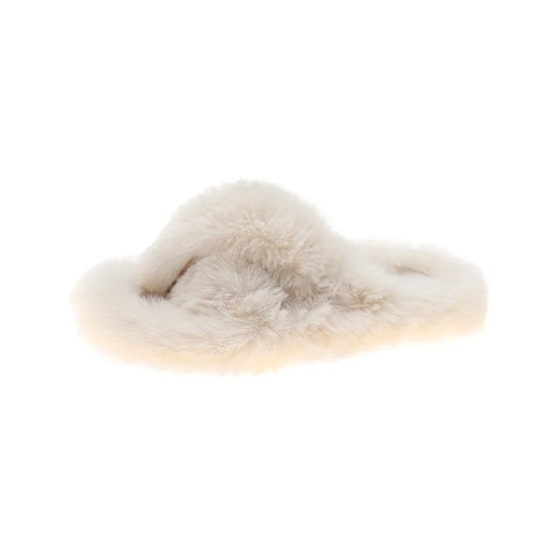 Winter Women Cross House Furry Slippers Fashion Faux Fur Warm Shoes Women Slip on Flats Female Home Open Toe Pink Plush Slippers