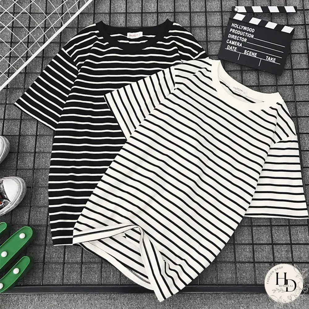 Womens Short Sleeve Shirt Classic Black & White Striped Loose Casual topper Harajuku