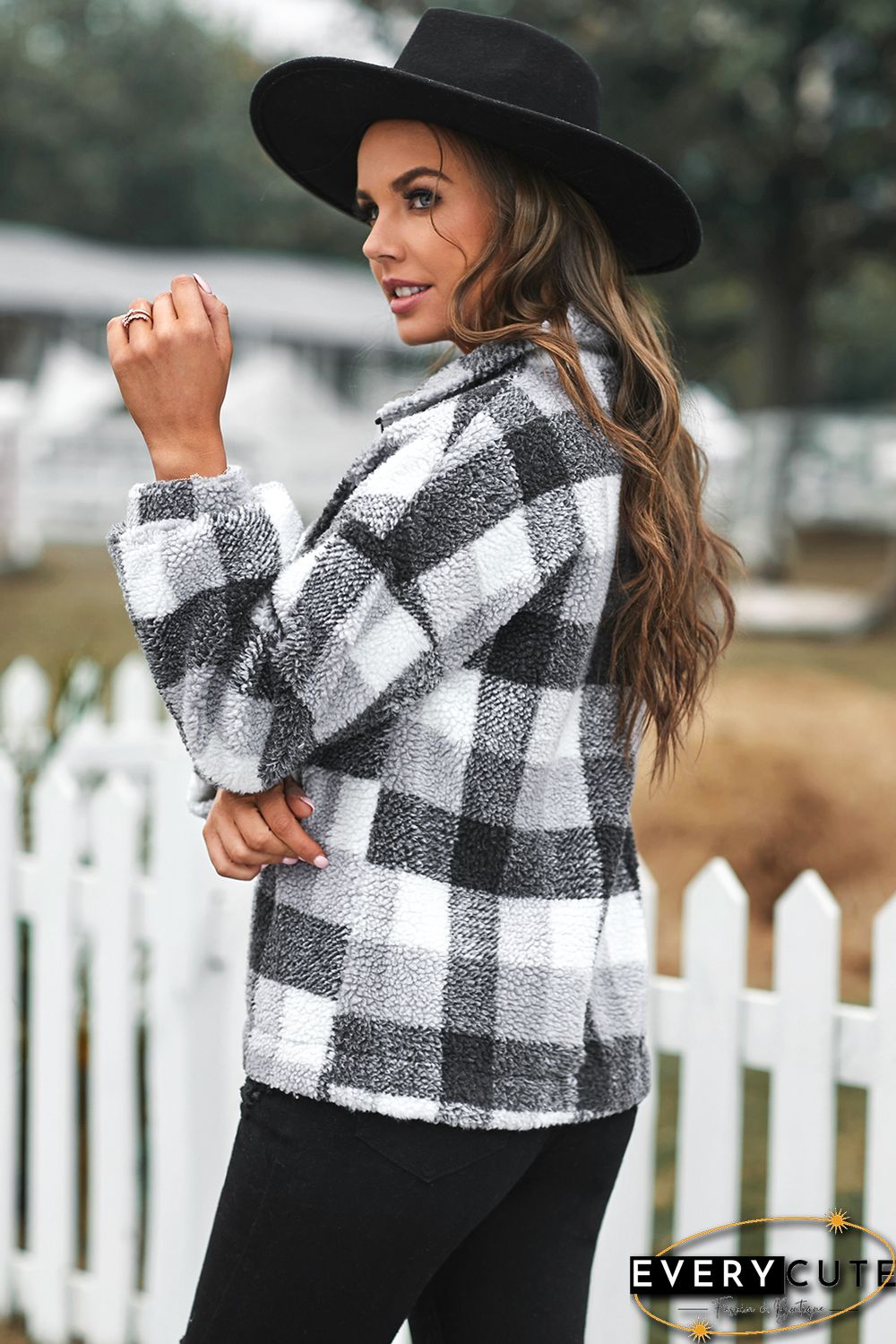 White Plaid Zipper Stand Collar Sherpa Pullover Sweatshirt