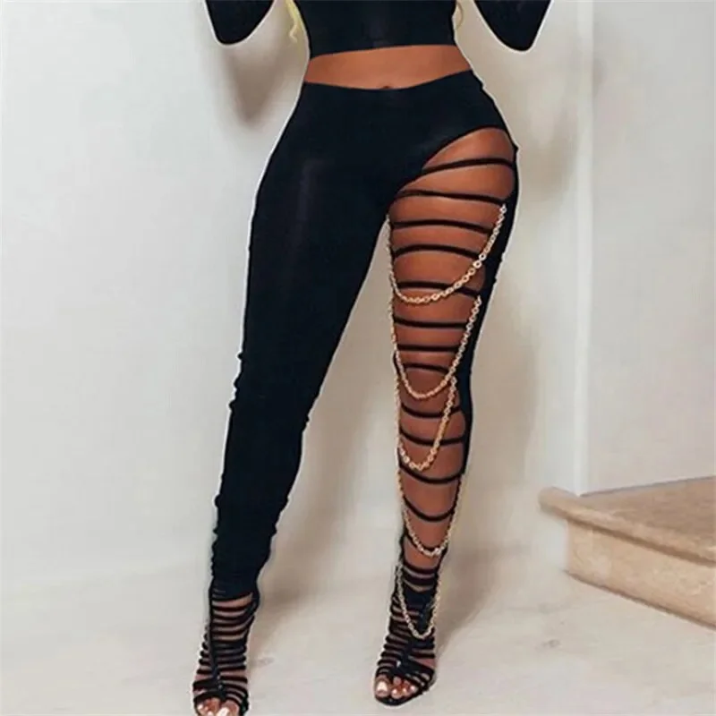 Huibahe Patchwork Pants Leggings 2023 Sexy Women Hollow Out Trousers Black High Waist Bodycon Slim Clubwear Streetwear