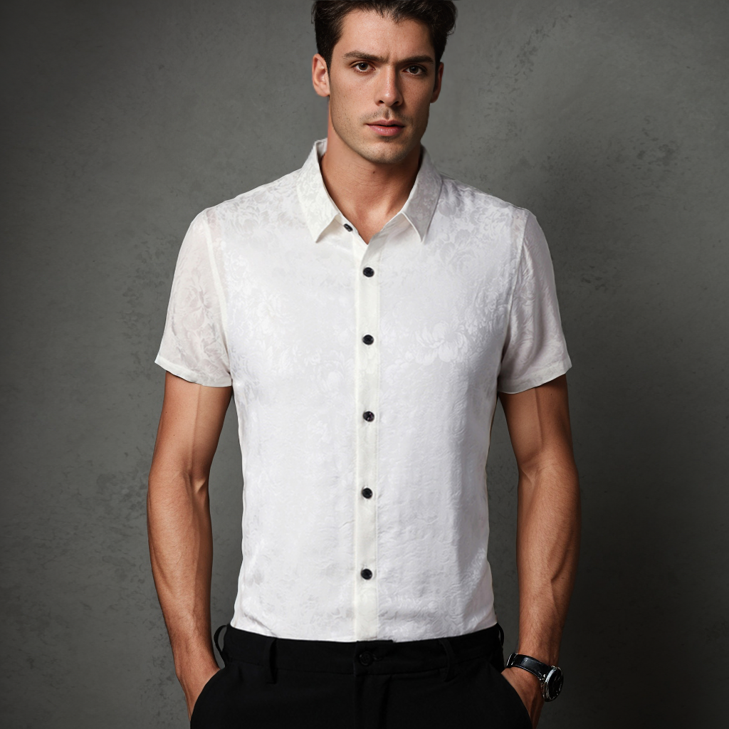 Chemises en soie à manches courtes pour hommes sans repassage sans plis imprimé floral- SOIE PLUS