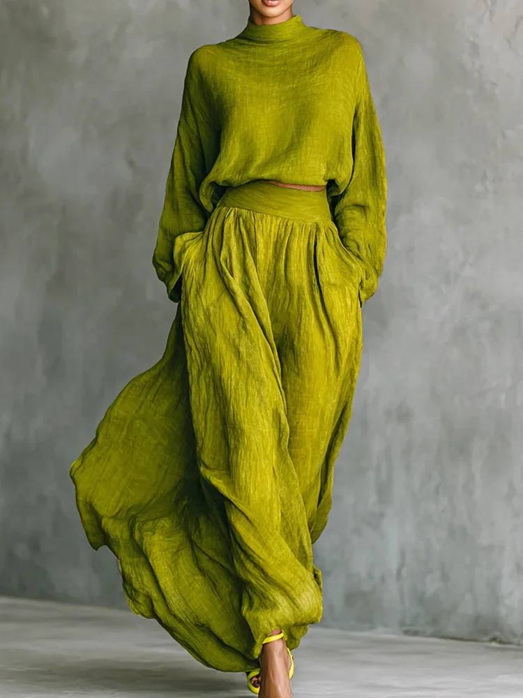 Vintage Classy Shirt & Skirt Flowy Linen Two Piece Set