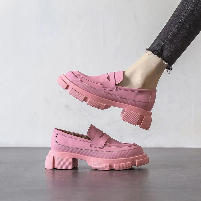 Retro Fashion Loafers Shoes For Women 2022 Spring New Designed British Style Cowhide Solid Color Platform Thicken Heel Shoes