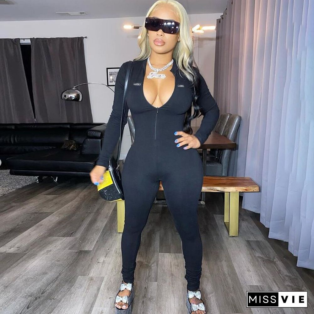 Kliou Letter Embroidery Solid Stacked Zipper Jumpsuits Women Autumn Rompers V-neck High Waist Elastic Female Sporty Streetwear