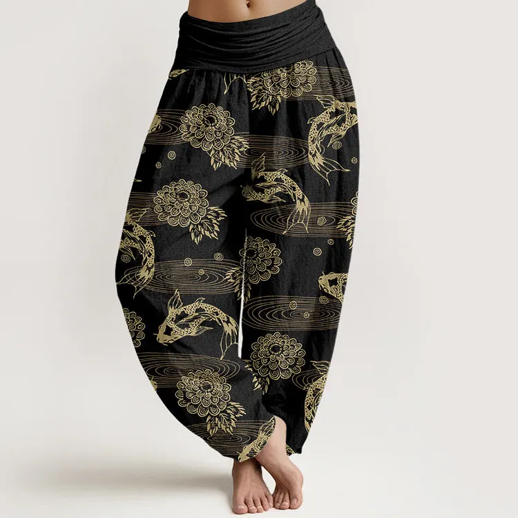 Cotton Exquisite Koi Fish Flowers Leaves Curve Pattern Women's Elastic Waist Harem Pants