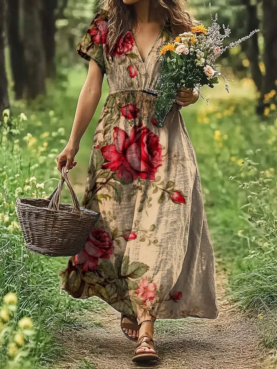 Vintage V-neck Bohemian Floral Print Elegant Chic Loose  Dress-DR-F-18