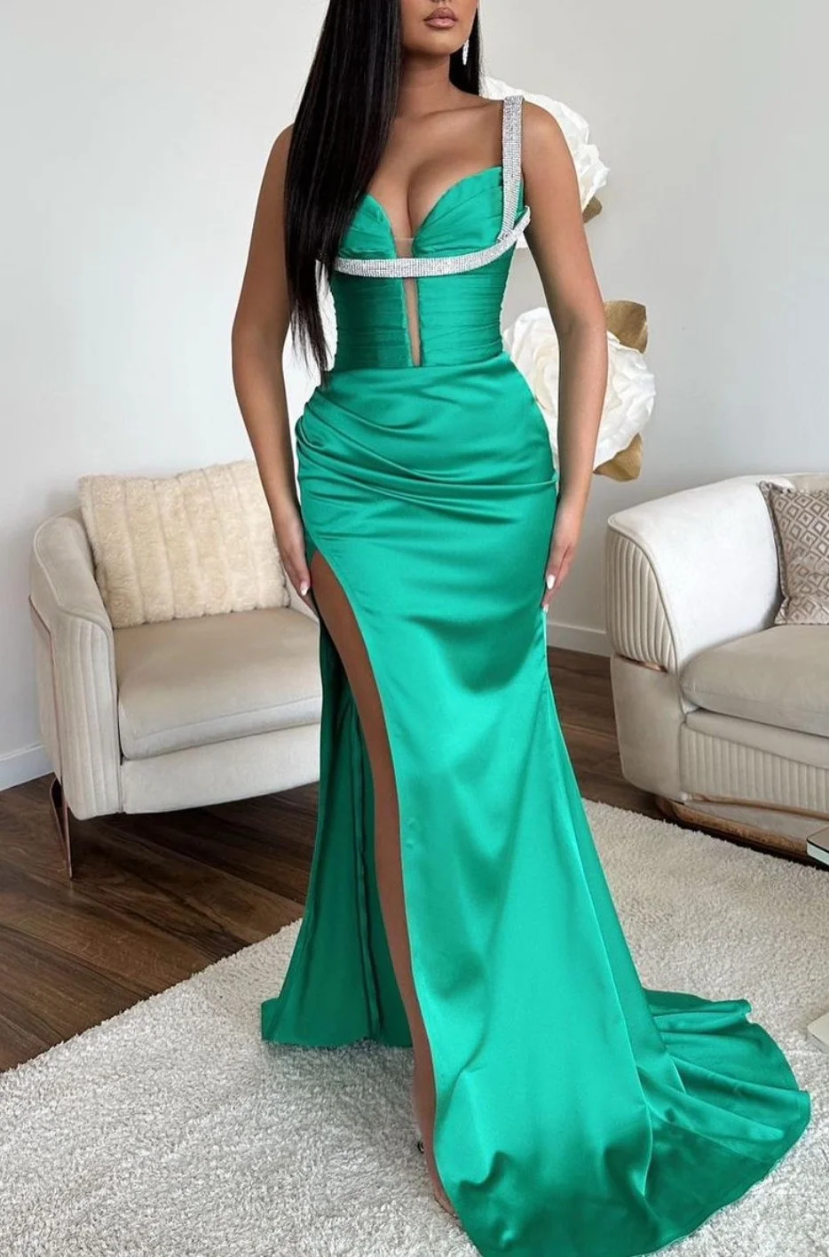 Lisliy Jade Prom Dress Sleeveless Spaghetti Strap Mermaid With High Slit V Neck 