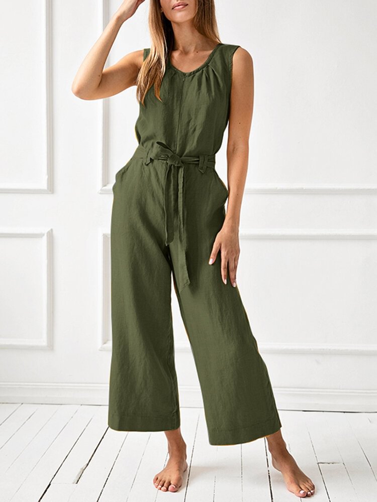 Solid Sleeveless Pocket Wide Leg Jumpsuit With Belt
