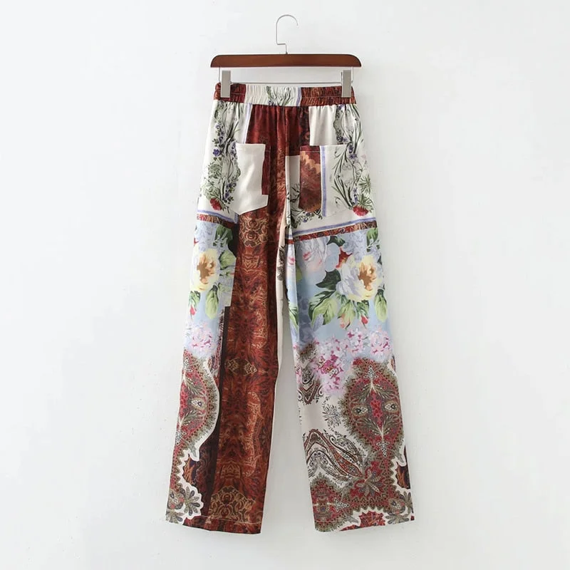 SLMD Vintage Chic Contrast Colors Patchwork Print Pants Women 2021 Fashion Elastic Waist Side Pockets Trousers Pantalones Mujer