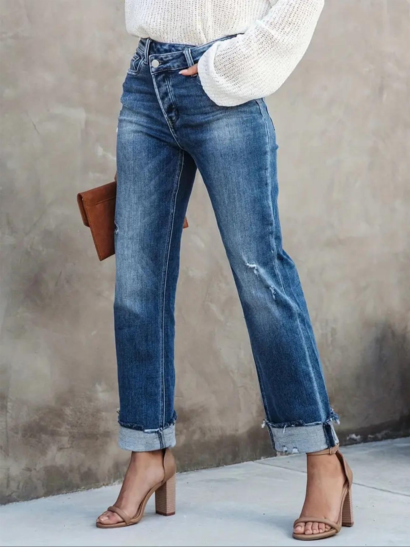 Women's Solid Color Jeans, Casual Comfy Denim Pants for Daily Wear, Ladies Bottoms for All Seasons