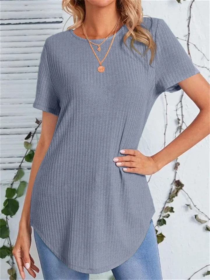 Spring and Summer Solid Color New Striped Temperament Commuter Women's Single-breasted Back Comfortable Casual Loose Round Neck Short-sleeved T-shirt-Mixcun