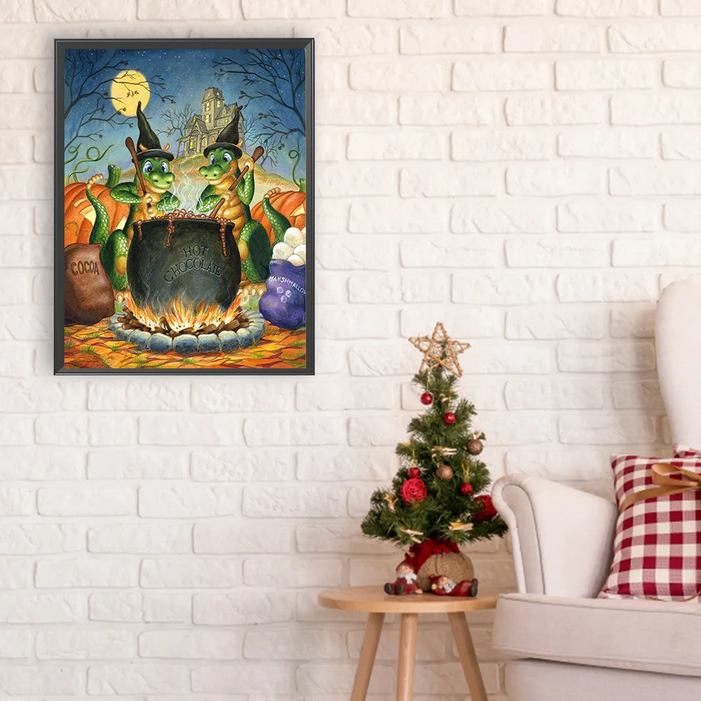 Full Round Diamond Painting 30*40cm - Green Dinosaur Cooking Soup