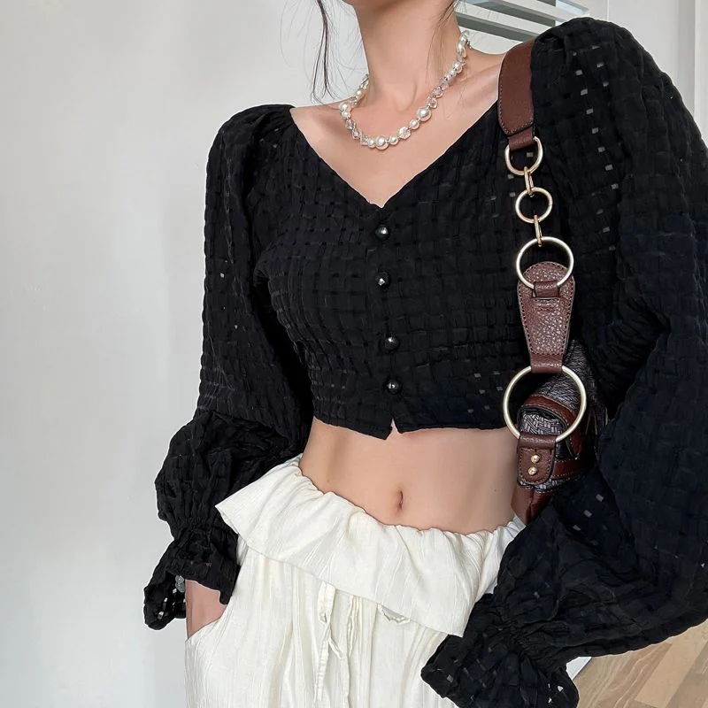 Peneran Women Blouses Y2k Cropped Off Shoulder Tops Kpop Gyaru Puff Sleeve Shirts Chic Elegant Sweet Korean Style Streetwear
