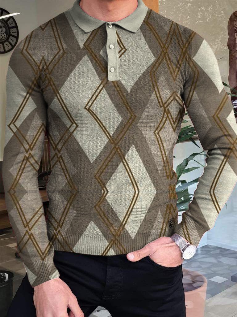 men's casual polo plaid long sleeves
