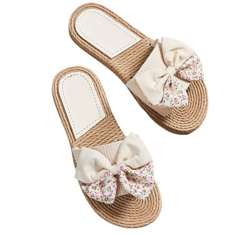 New Summer Open Toe Flax Home Floral Butterfly-Knot Slippers Women Beach Flip Flops Non-Slip House Female Family Slippers hy436