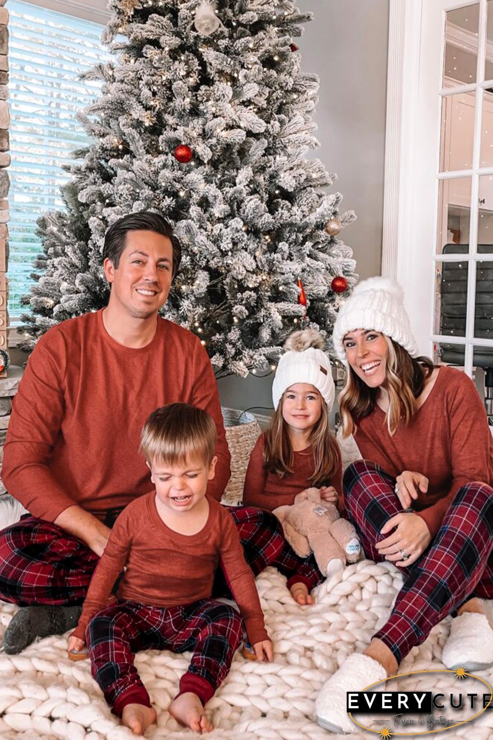 Solid Long Sleeve Top and Plaid Pants Loungewear