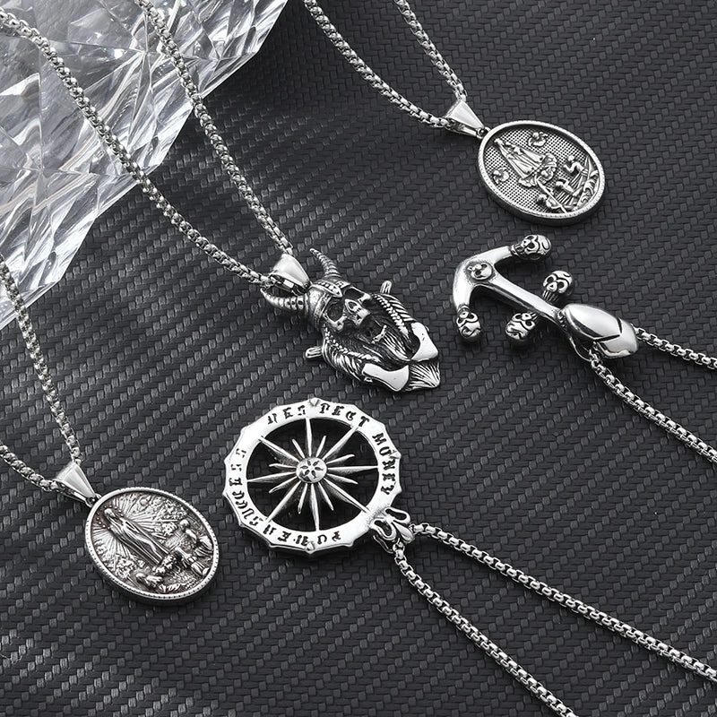 Hip-Hop Cross Anchor Skull Stainless Steel Carving Halloween Men’s Pendant Necklace