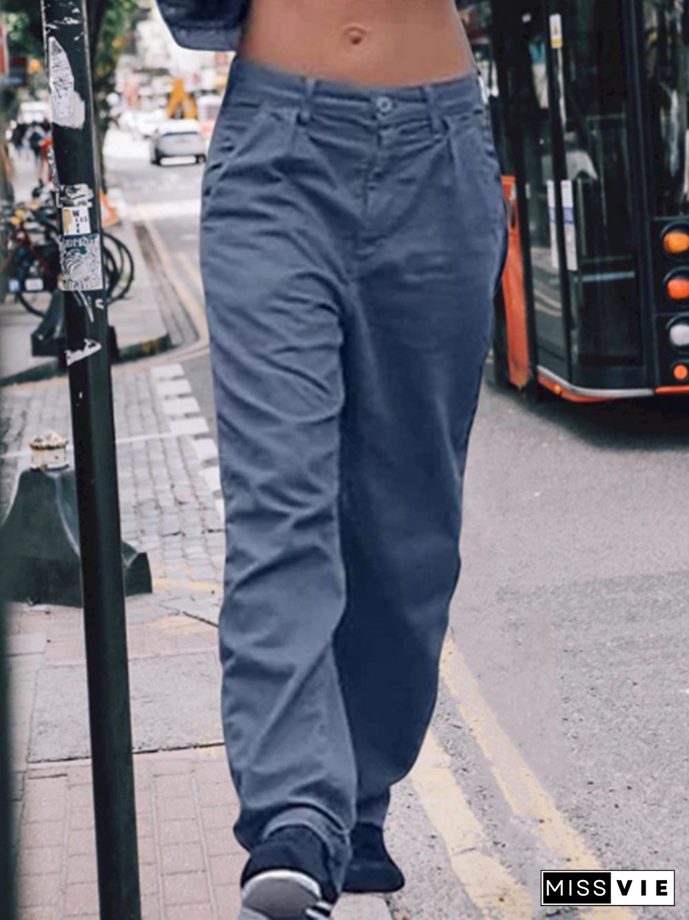 Women Casual Plain Pockets Low Rise Pants