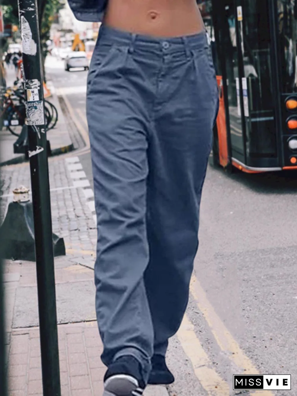 Women Casual Plain Pockets Low Rise Pants