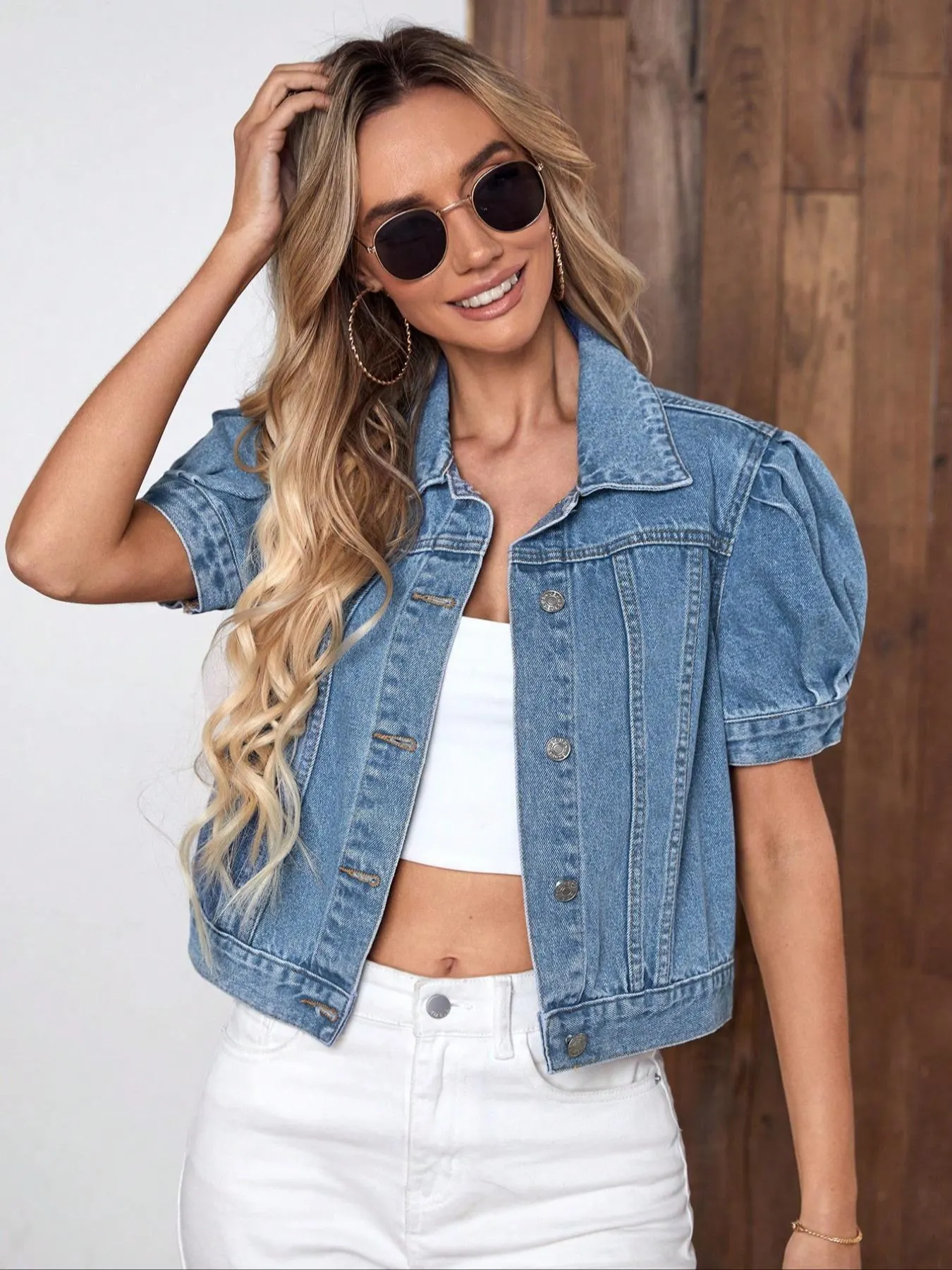 Women's Vintage Bubble Sleeve Light Wash Denim Jacket, Summer Thin High Waist Crop Top, Casual Fashionable Short Jean Coat for Women Women's Vintage Bubble Sleeve Light Wash Denim Jacket, Summer Thin High Waist Crop Top, Casual Fashionable Short Jean Coat for Women