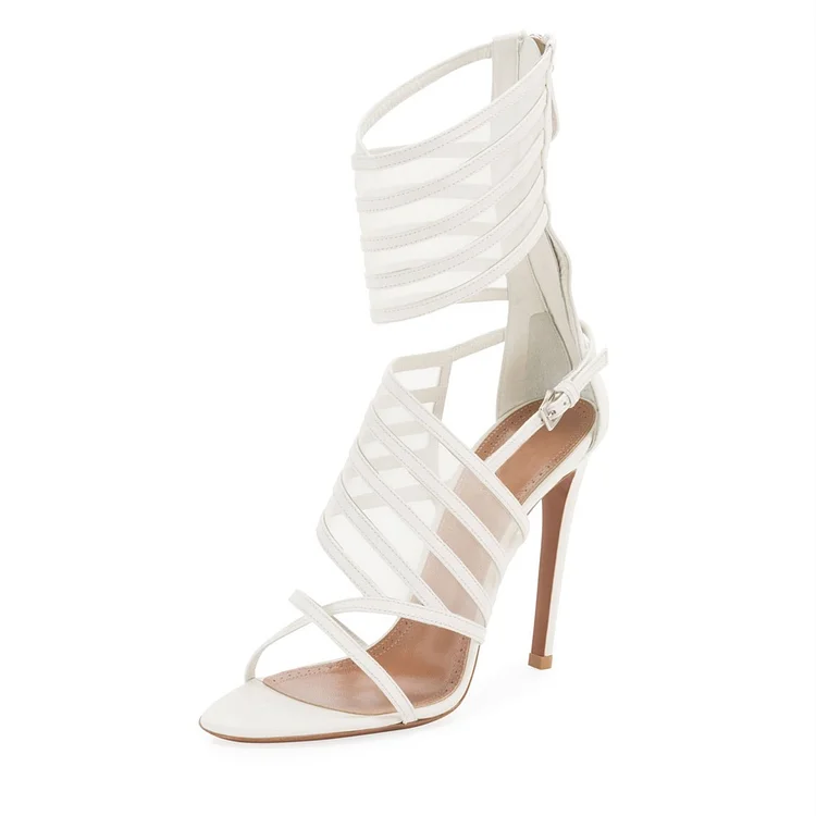 White Sandals Nets Stiletto Heel Ankle Wrapped Sandals with Zip |FSJ Shoes